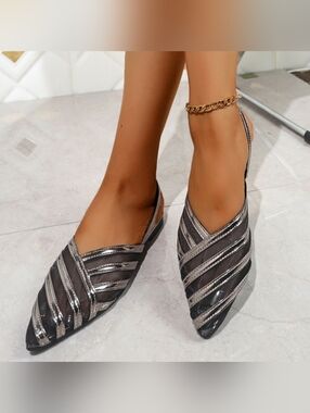 Metallic Black and Silver Pointed Slingback Flat Sandals